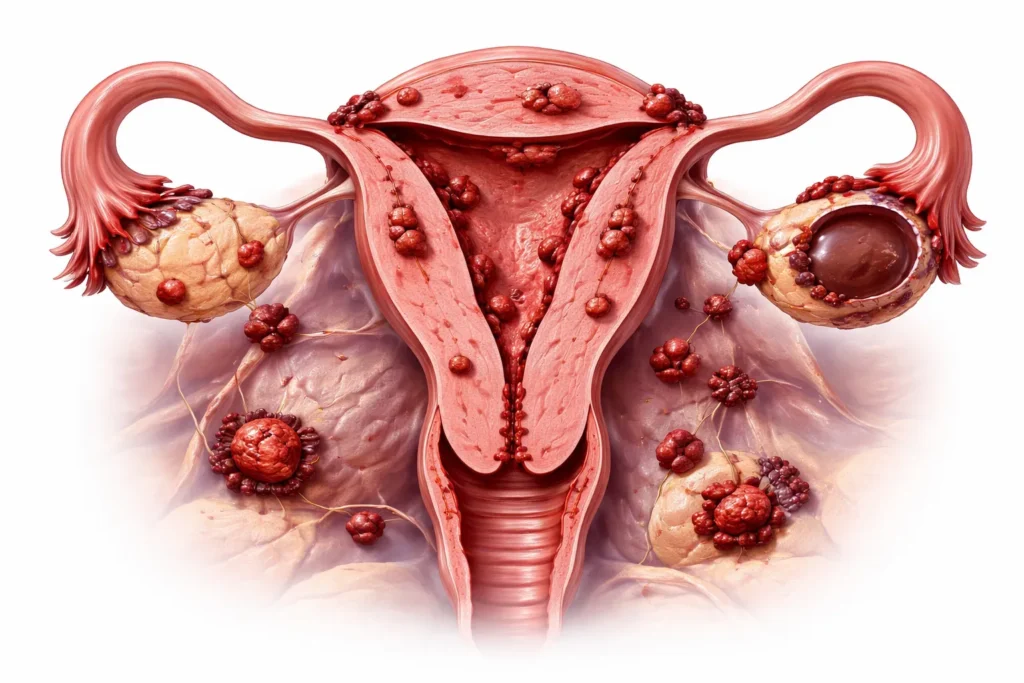 Эндометриоз — матка в разрезе с эндометриоидными очагами и поражением яичников