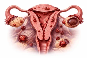 Эндометриоз — матка в разрезе с эндометриоидными очагами и поражением яичников