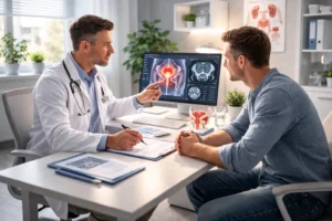 пациент на приеме у уролога врач объясняет результаты обследования при синдроме хронической тазовой боли