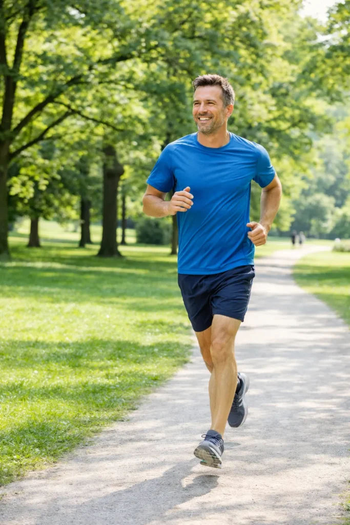 Мужчина на пробежке в парке — физическая активность как профилактика урологических заболеваний у мужчин
