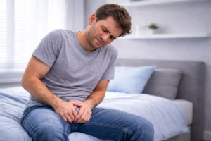 мужчина испытывает боль в яичках и дискомфорт в паховой области сидя на кровати